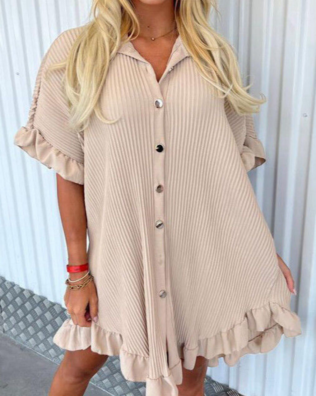 Beige Pleated Oversized Shirt Dress