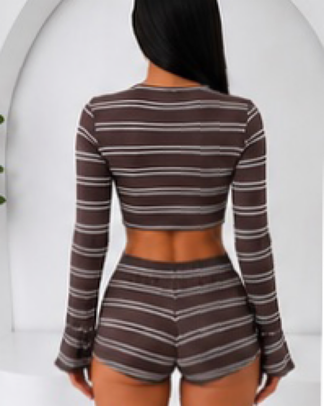 Brown White Stripe Top & Shorts Suit