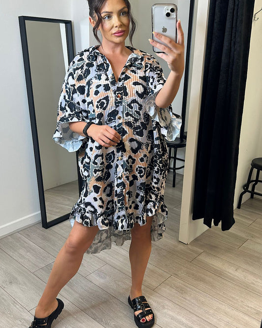 Animal Print Frill Hem Shirt Dress