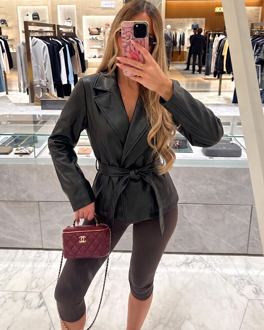 Belted Black Faux Leather Jacket