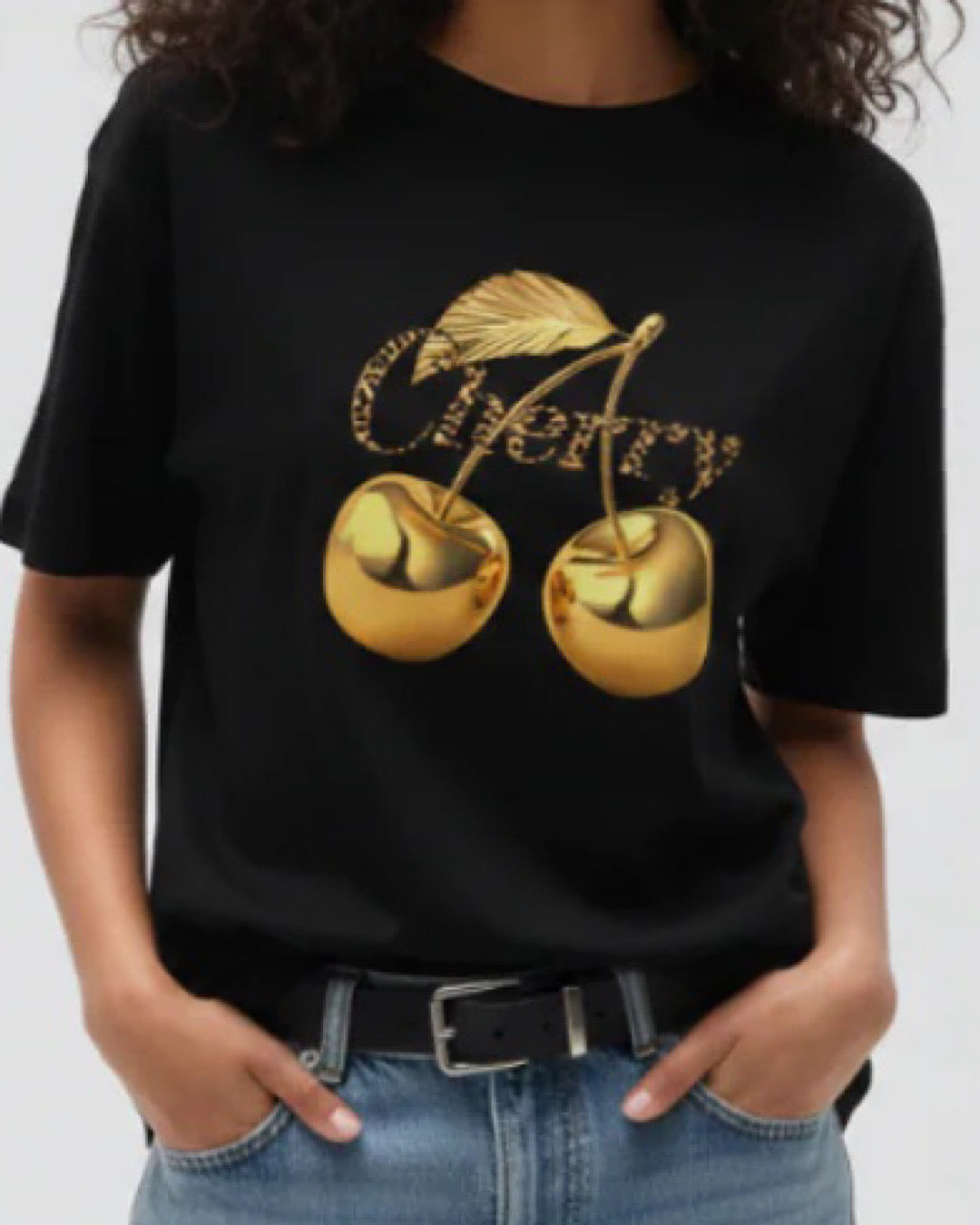 Black Tee with Gold Cherries