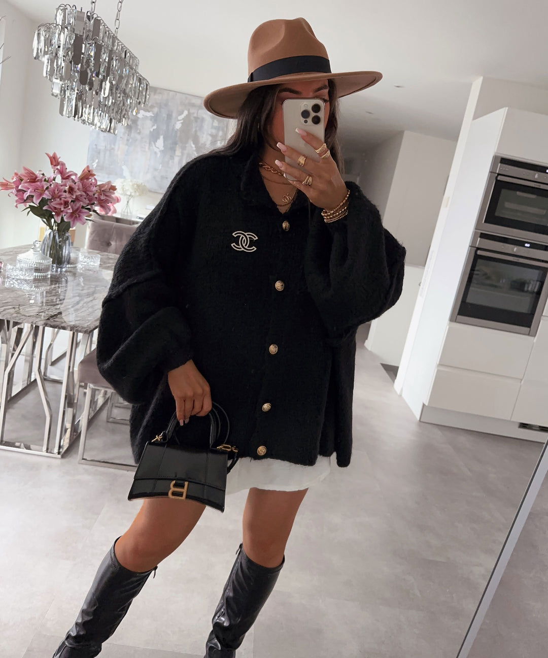 Black Oversized Cardigan with Gold Buttons