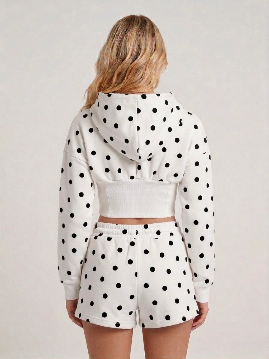 White Polka Hooded Jacket & Shorts Set