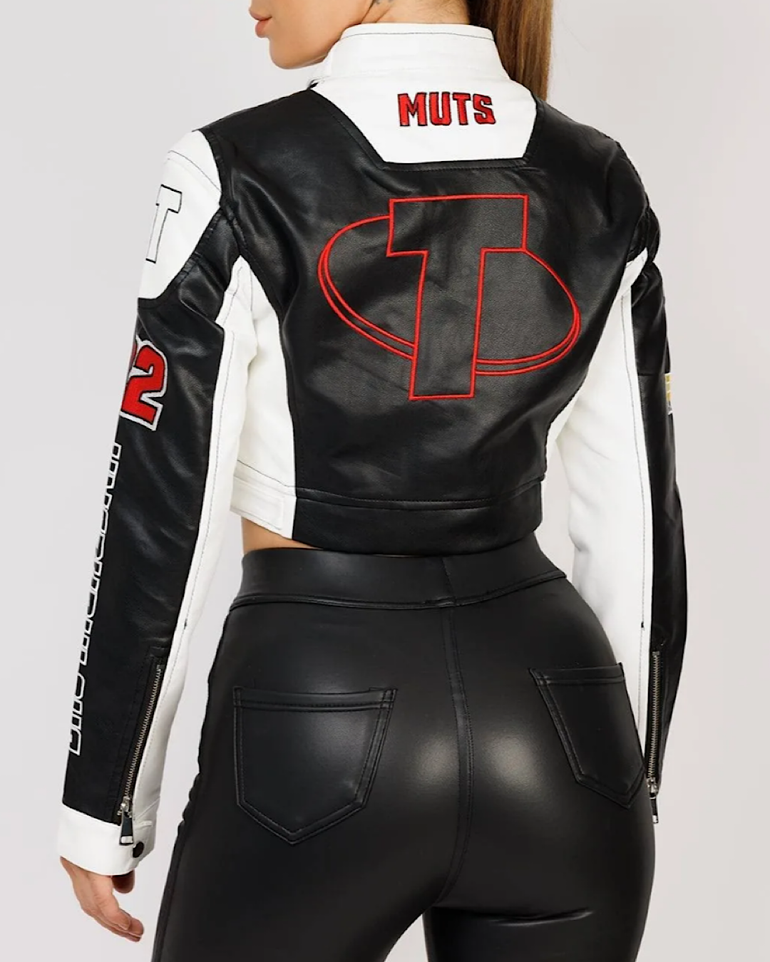 Black White Faux Leather Racer Jacket