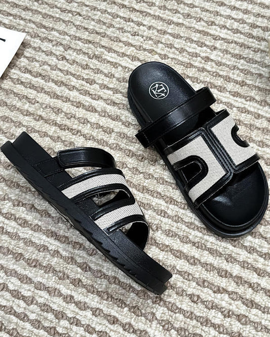 Black Beige Velcro Slider Sandals