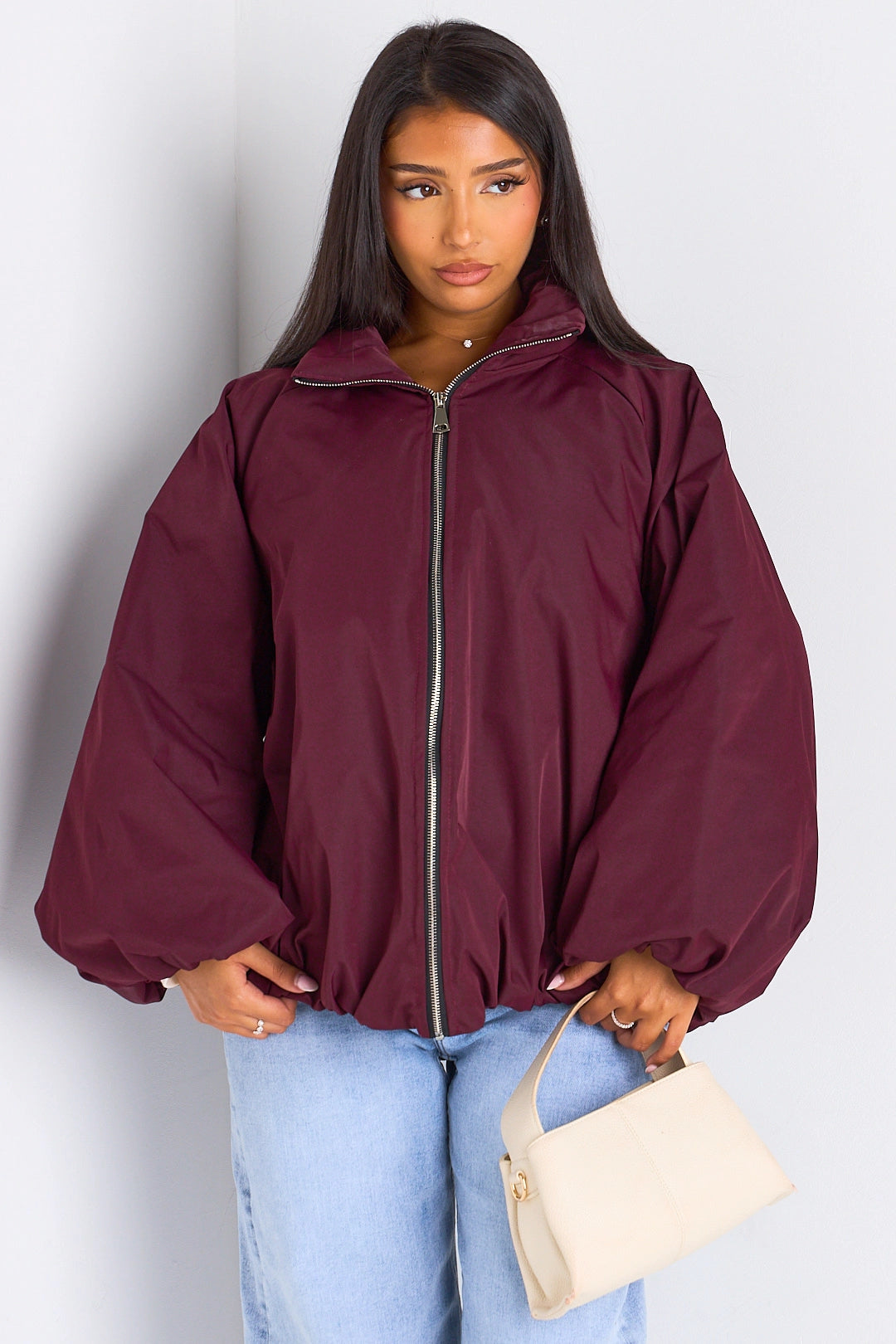 Wine High Neck Balloon Sleeve Jacket
