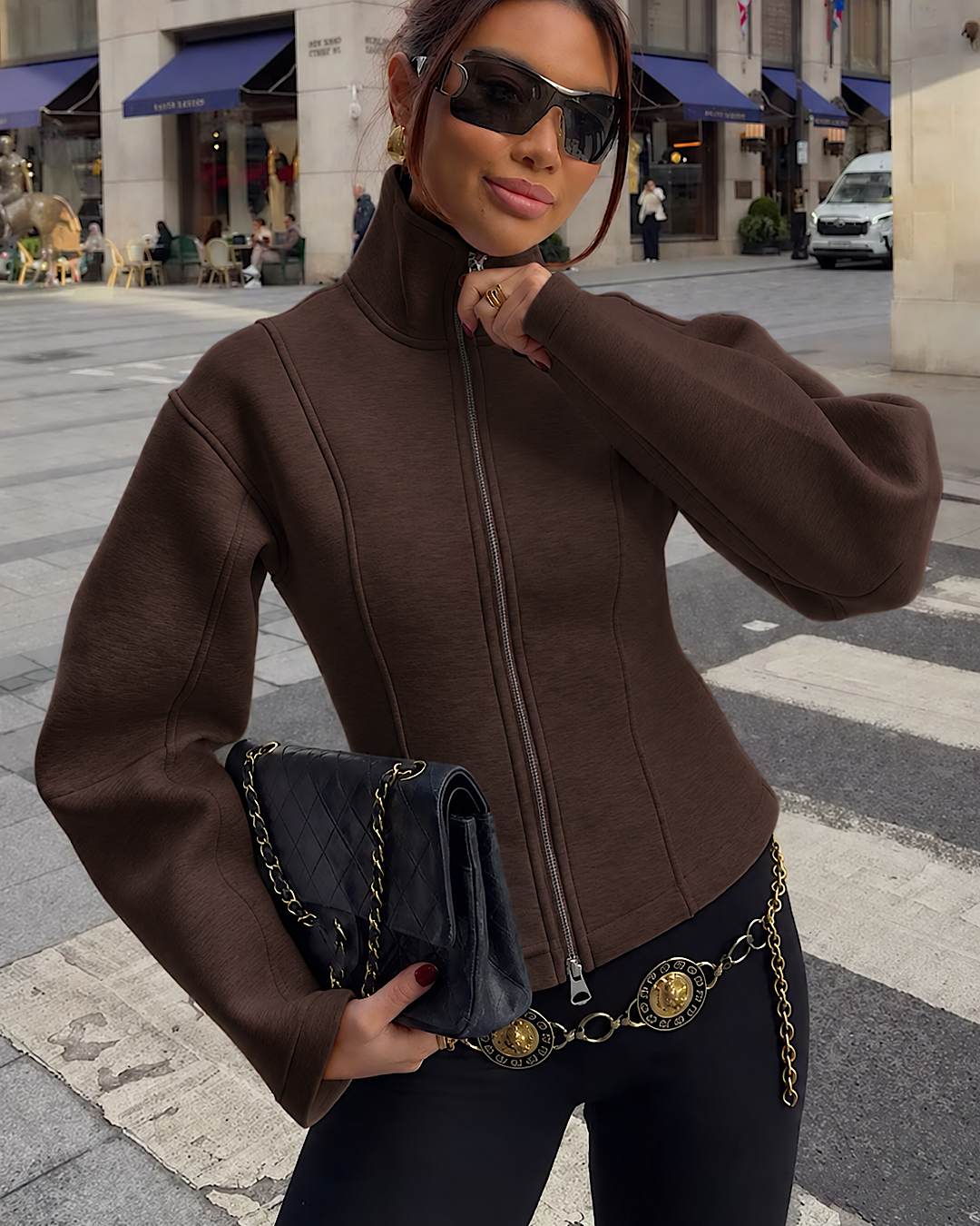Brown High Neck Scuba Jacket