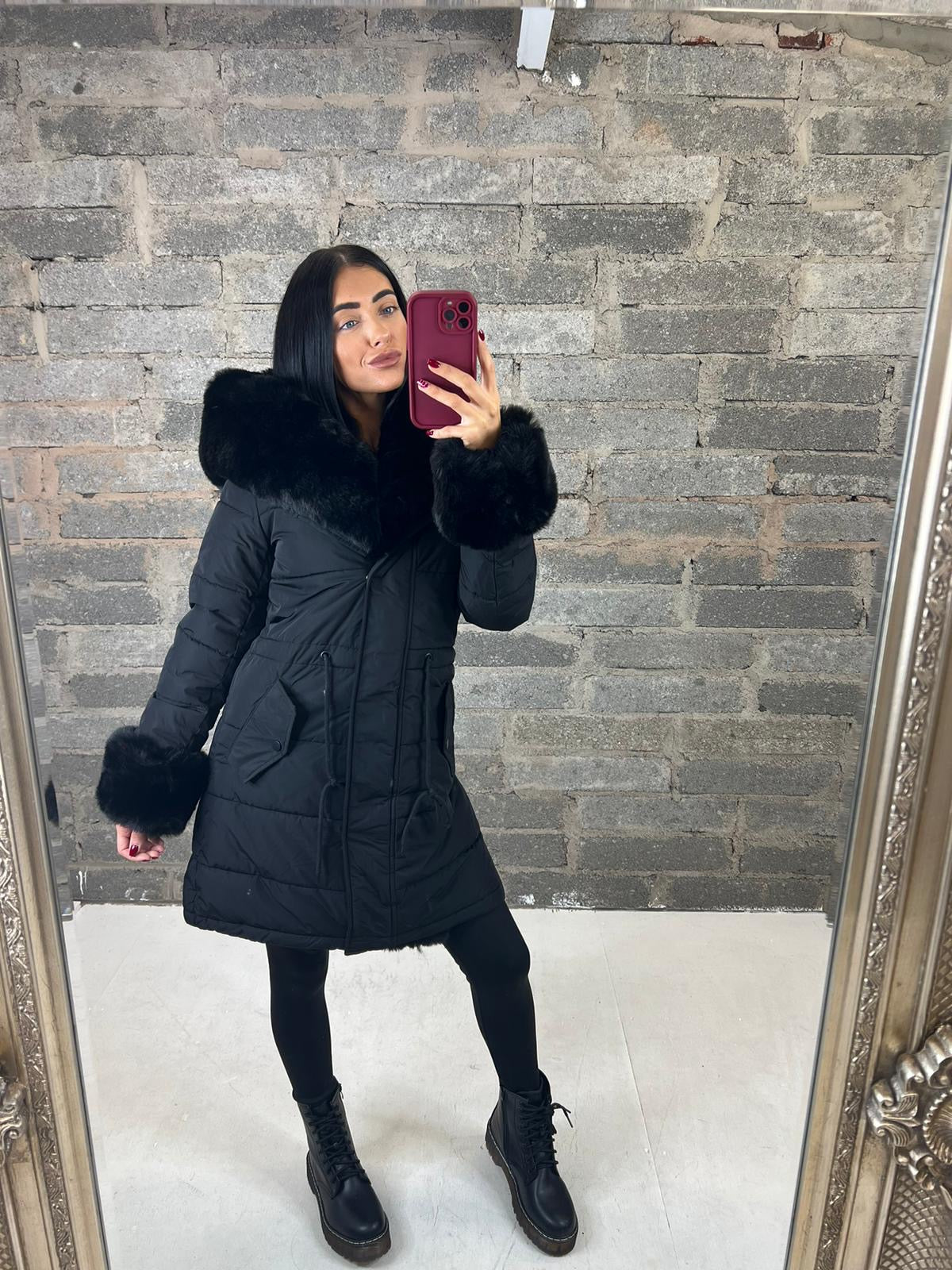 Black Hooded Faux Fur Puffer Coat