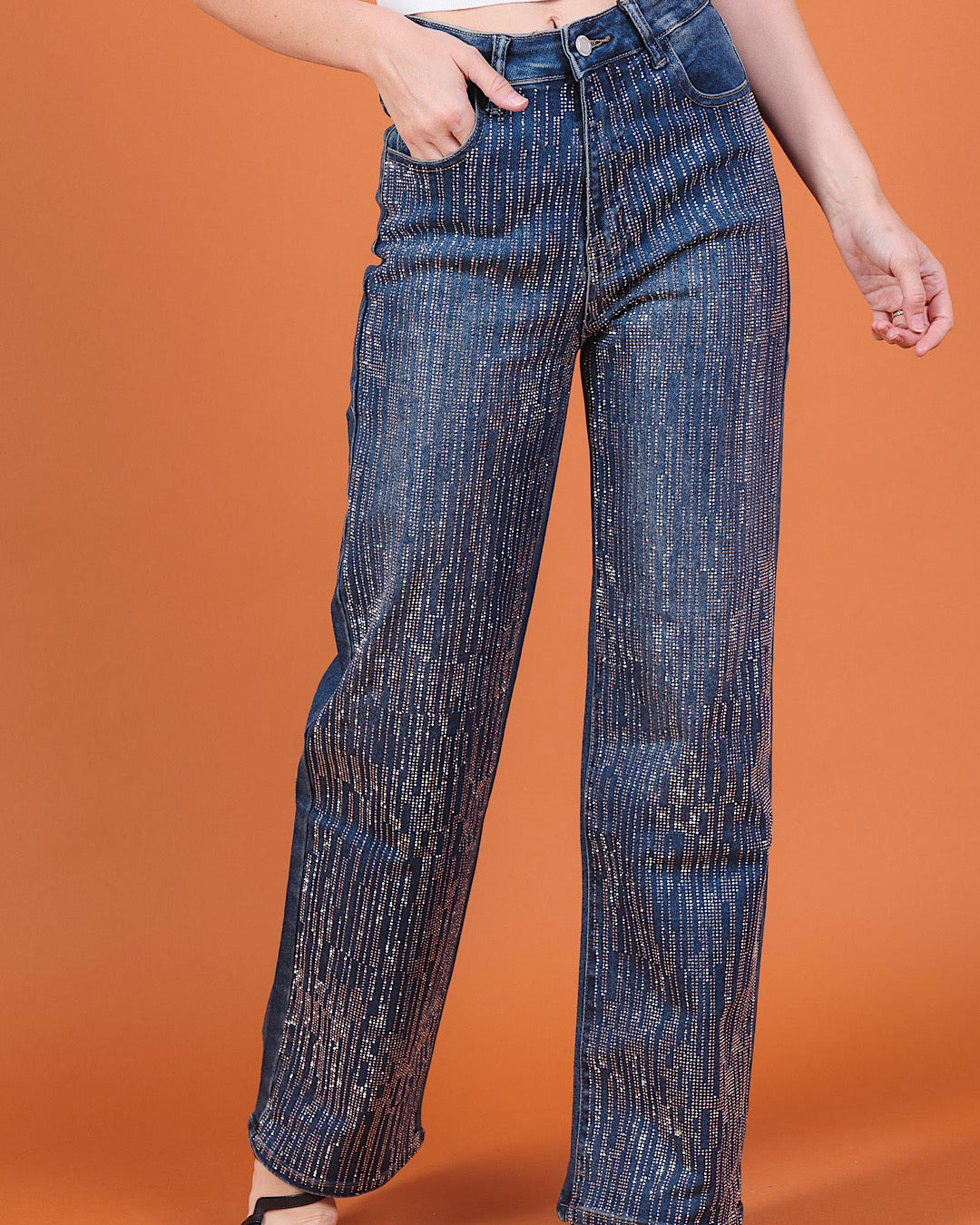 Straight Leg Diamond Embellished Jeans