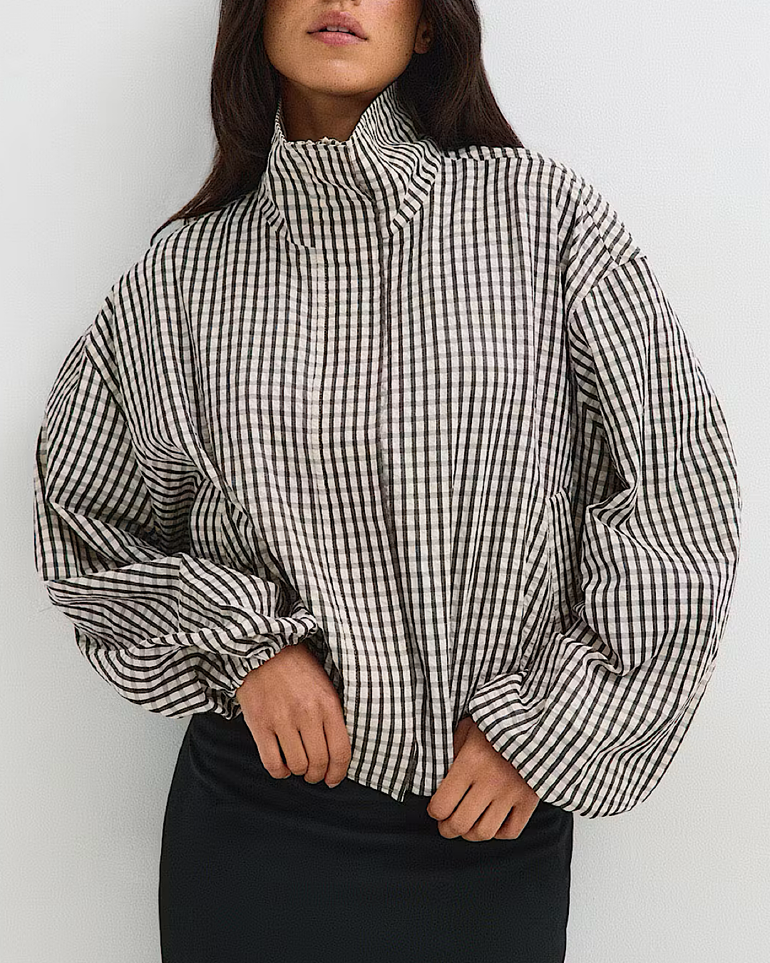 Black White Funnel Neck Check Jacket