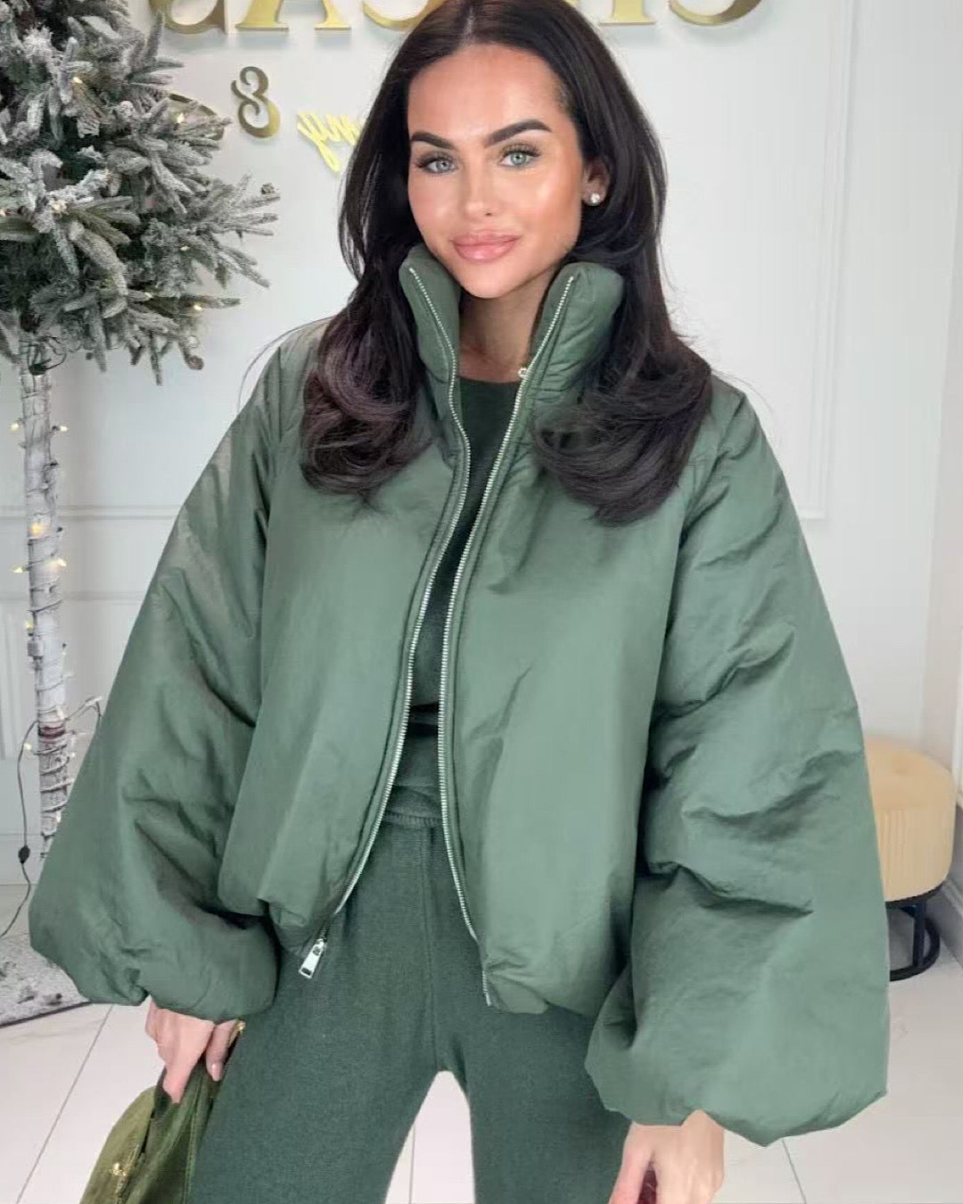 Khaki High Neck Puffer Jacket