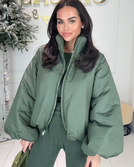 Khaki High Neck Puffer Jacket