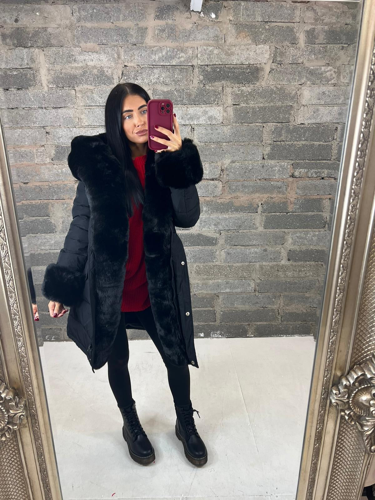 Black Hooded Faux Fur Puffer Coat