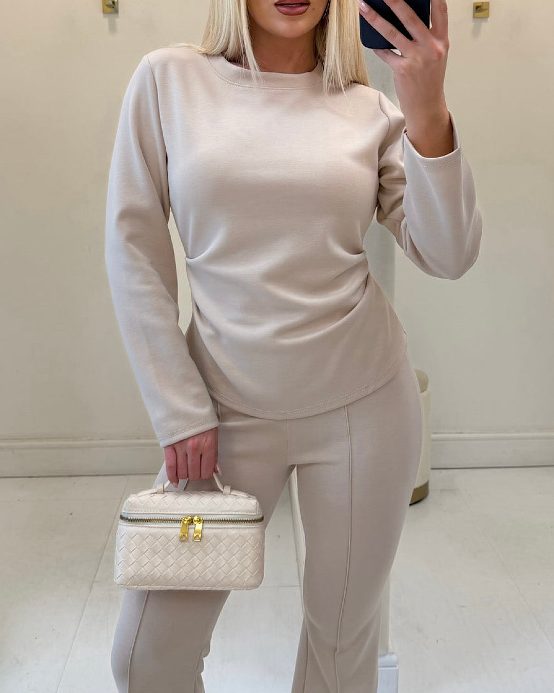 Beige Ruched Top & Trousers Set