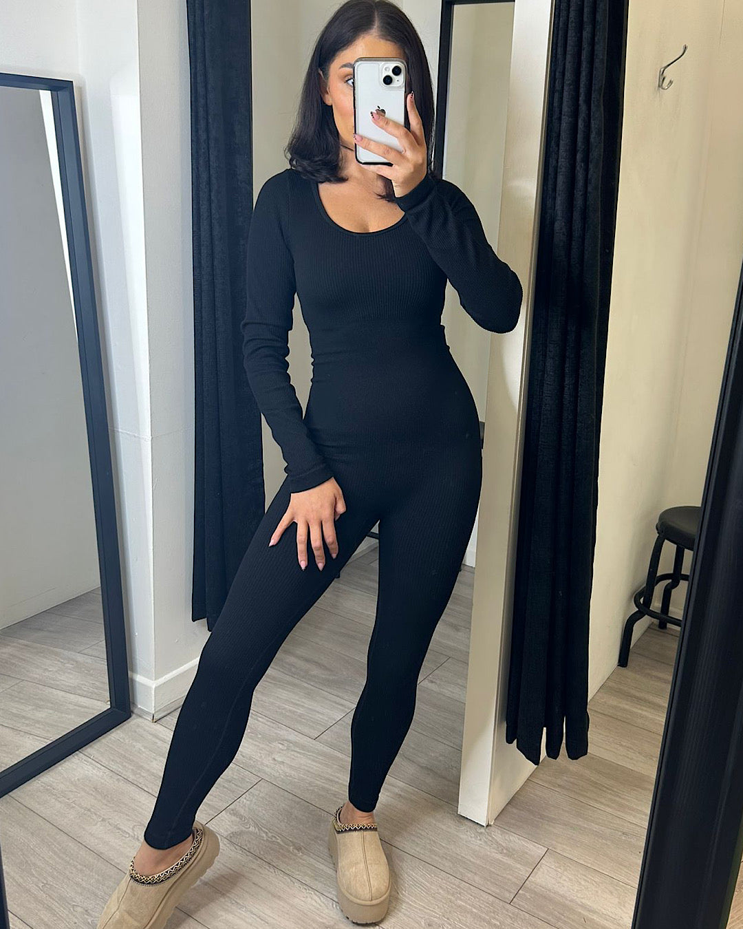 Black Ribbed Scoop Neck Jumpsuit