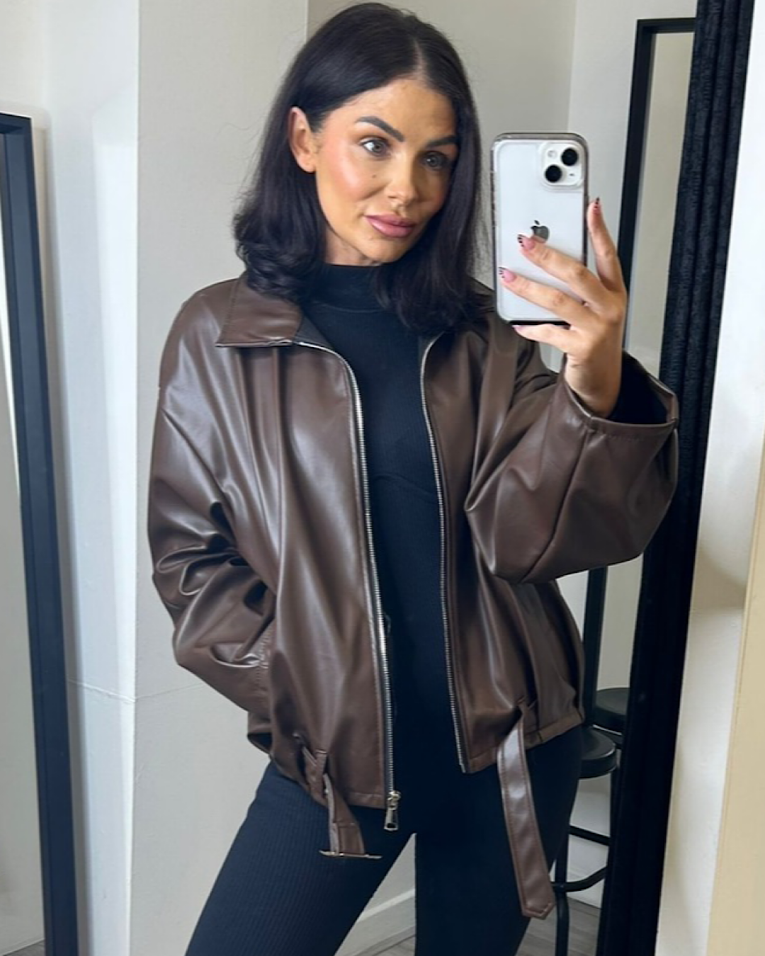 Chocolate Belted Faux Leather Jacket