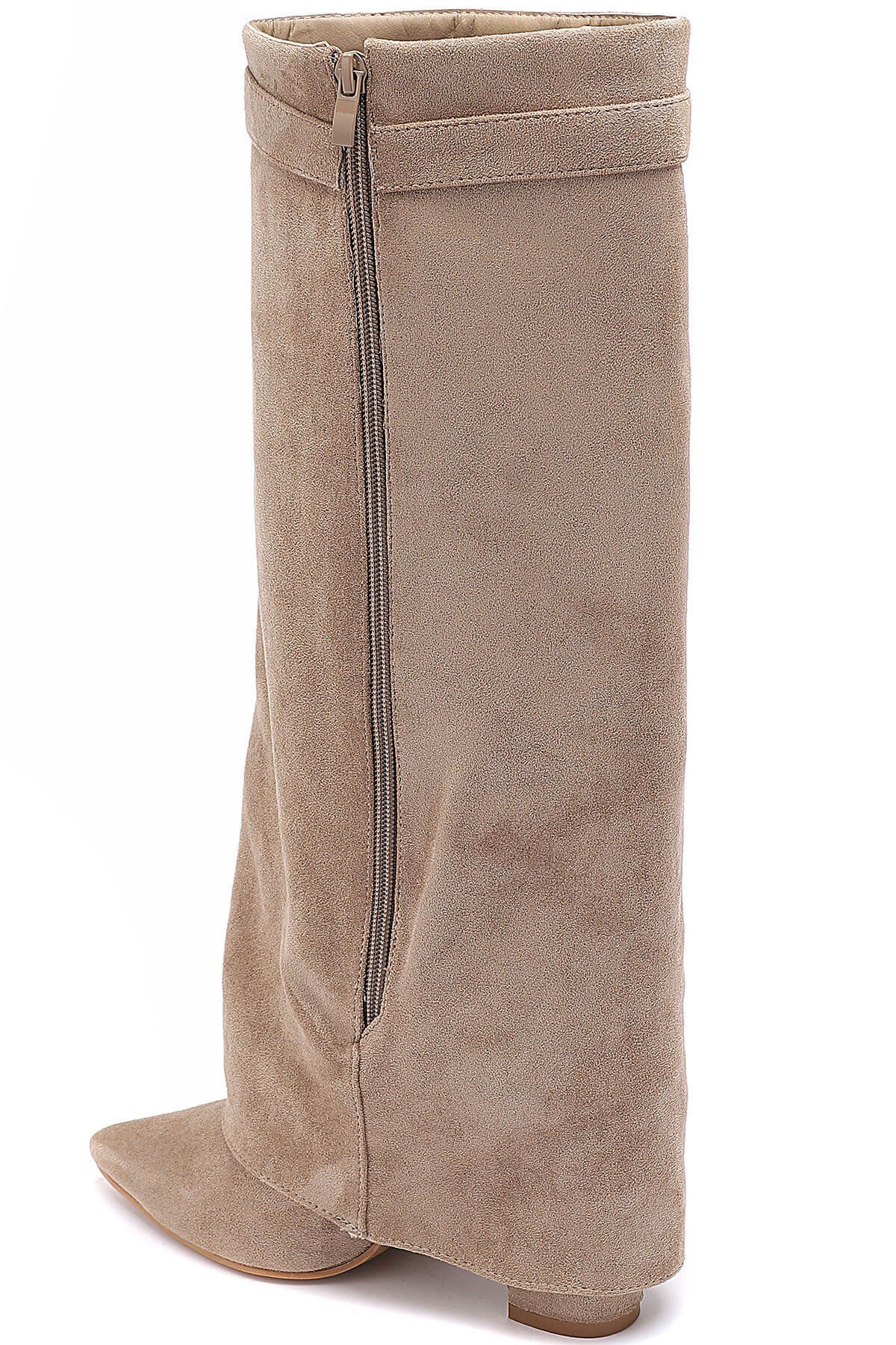 Beige Faux Suede Buckle Knee Boots