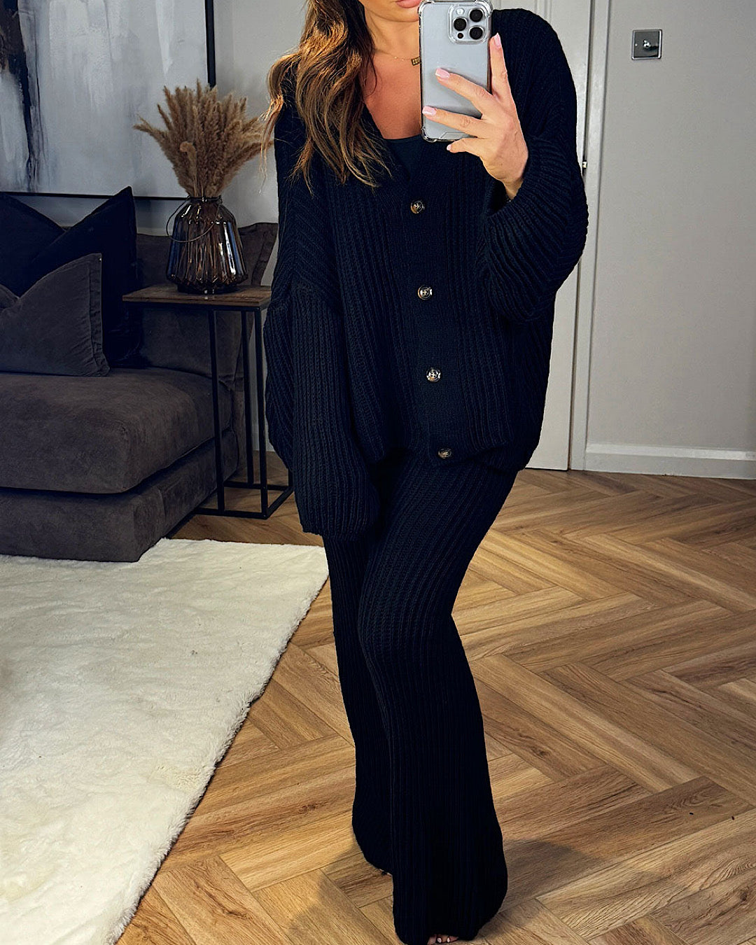 Black Knit Cardigan Suit