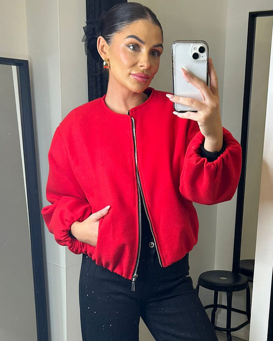 Red Balloon Sleeve Ruched Bomber Jacket