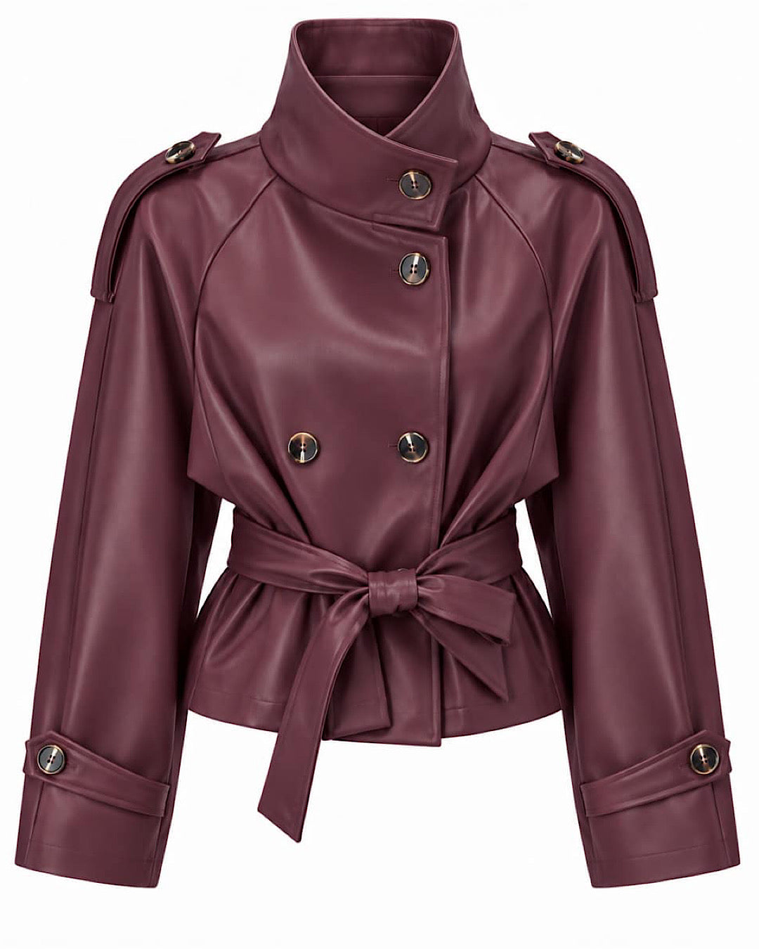 Wine Faux Leather Funnel Neck Coat