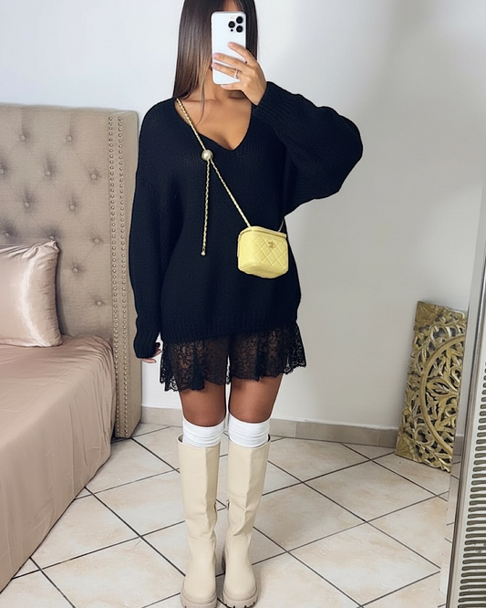 Black Oversized Lace Knit Dress