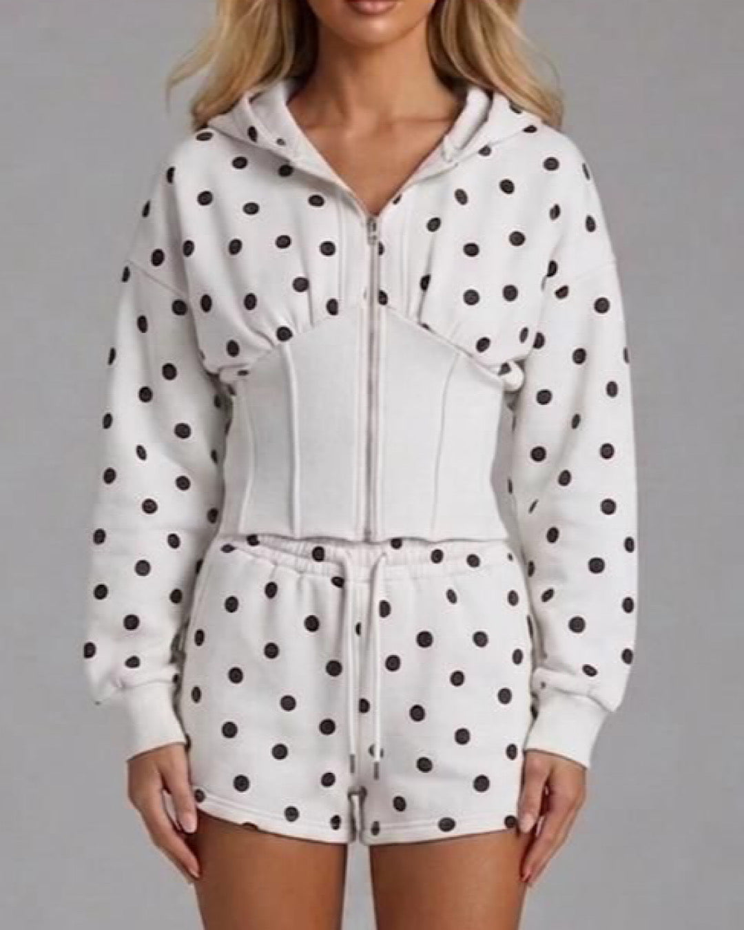 White Polka Hooded Jacket & Shorts Set