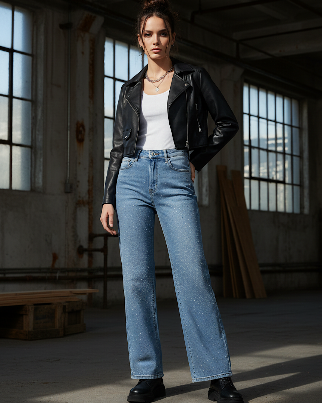 Straight Leg Diamond Embellished Jeans