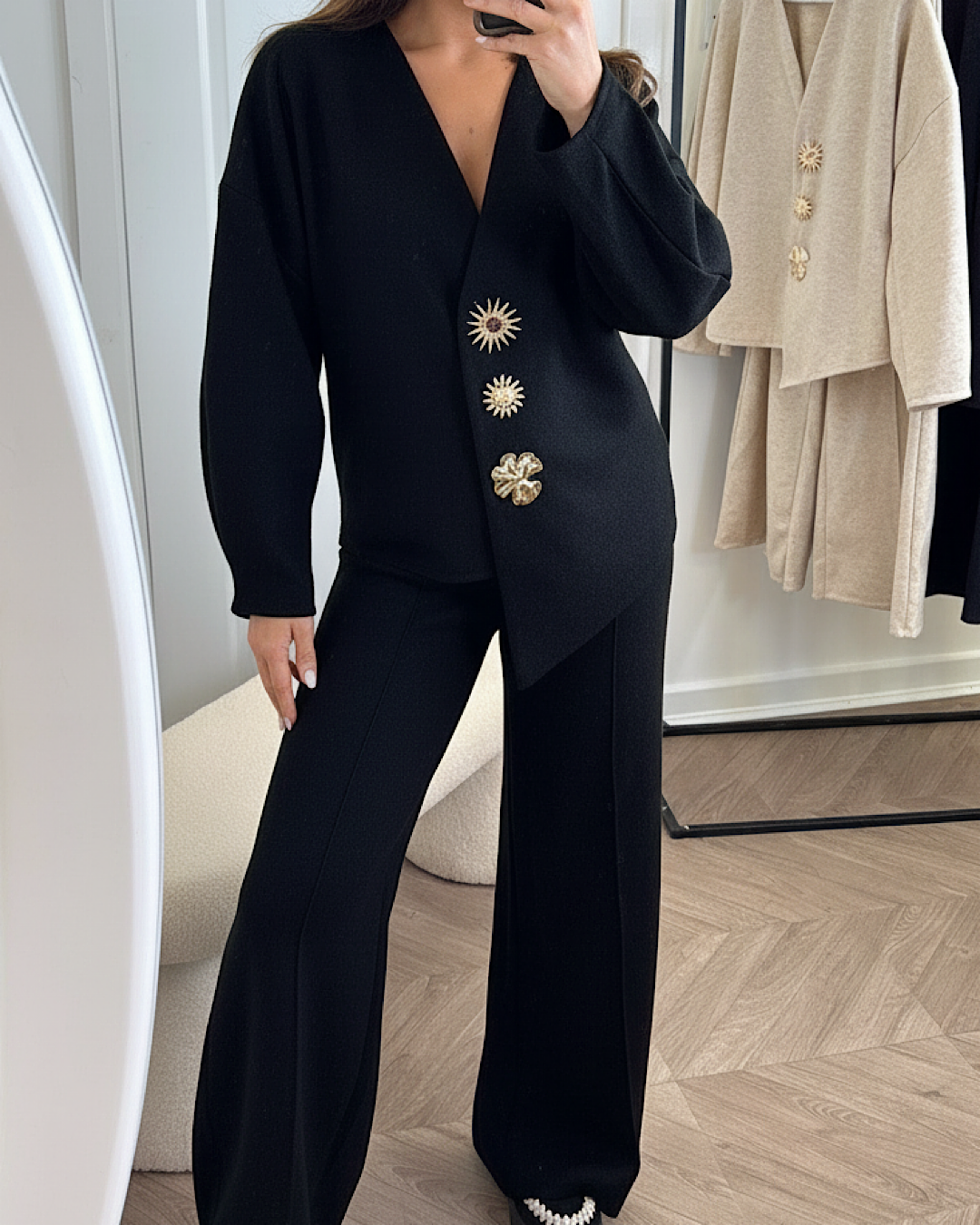 Black Knit Suit with Gold Buttons