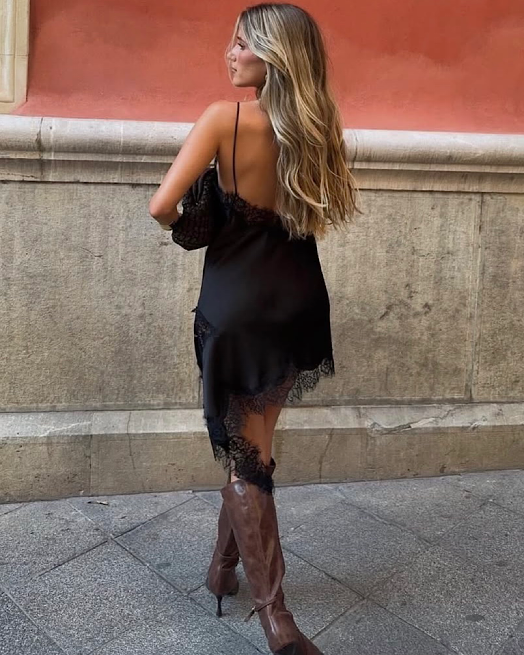 Black Satin Dress with Lace Hem