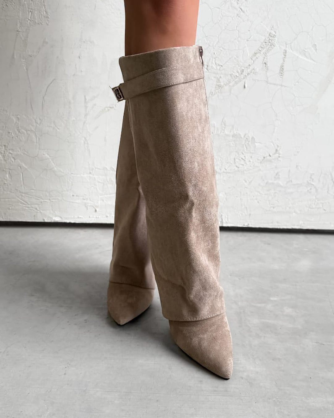 Beige Faux Suede Buckle Knee Boots