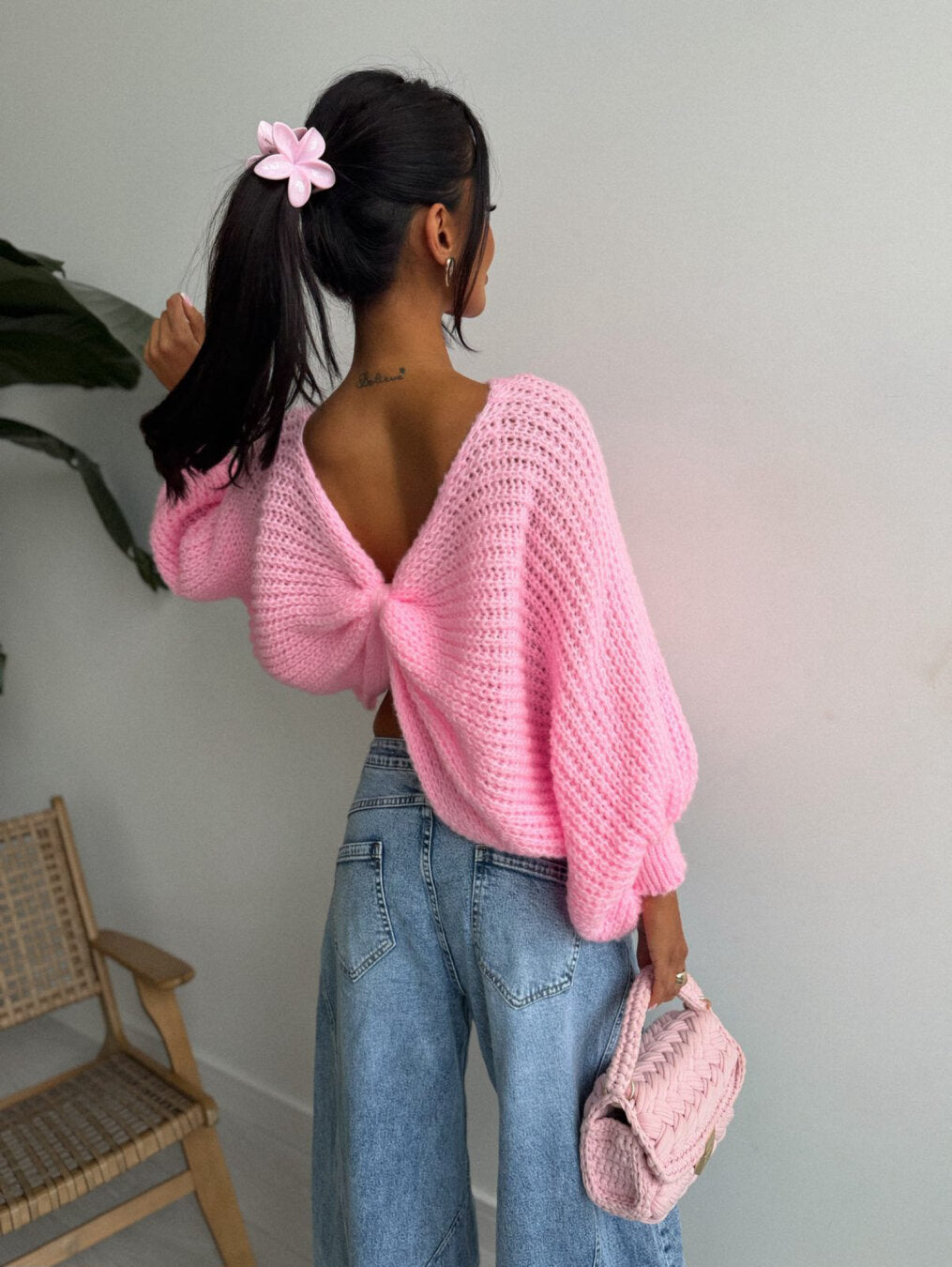 Pink Batwing Knot Back Knit