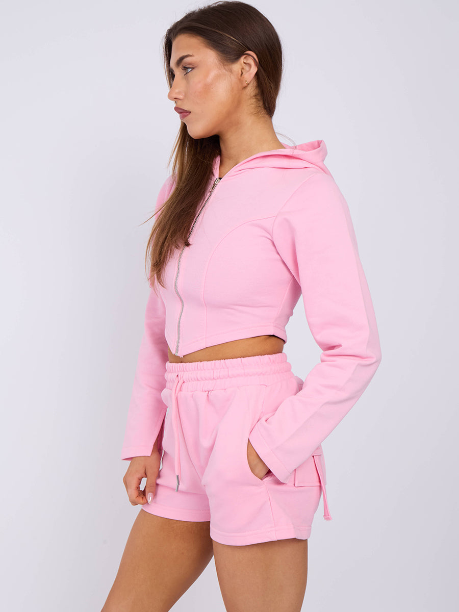 Pink Cropped Hooded Jacket & Shorts Set