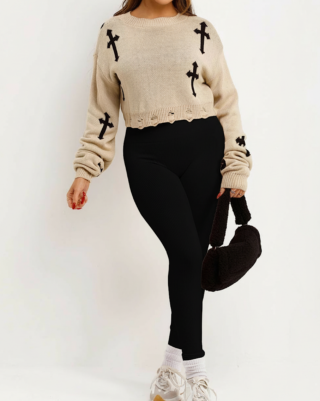 Beige with Black Cropped Cross Knit