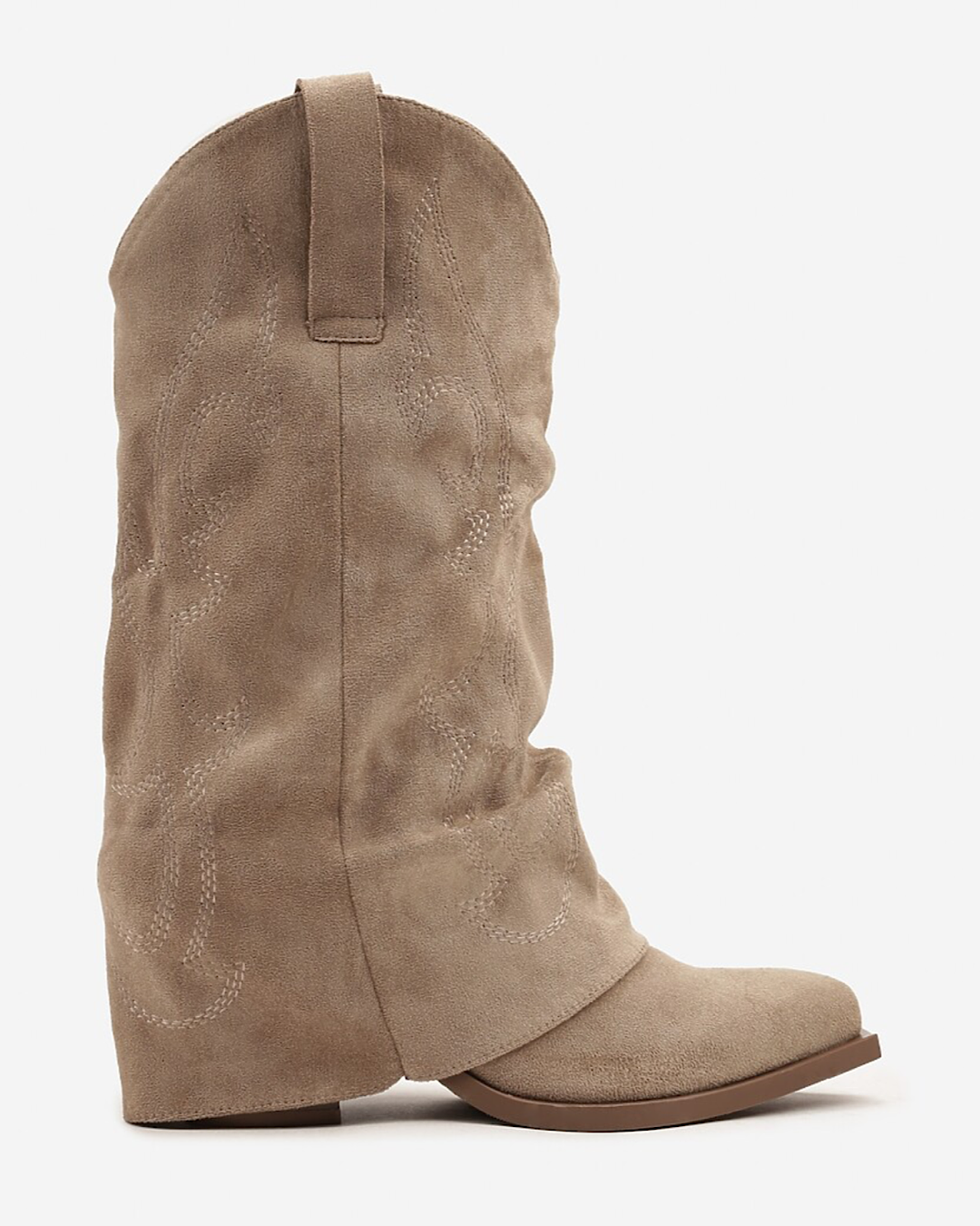 Beige Faux Suede Fold Over Cowboy Boots