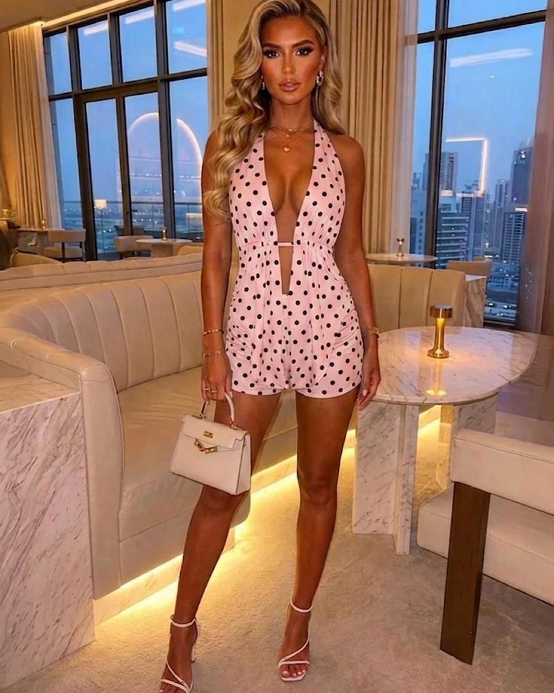 Pink Halter Neck Polka Top & Shorts Set