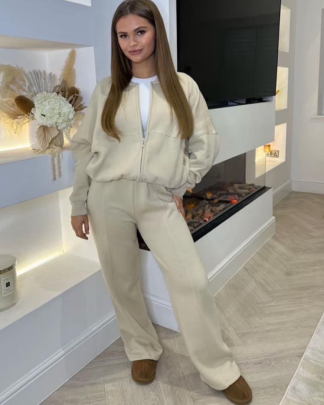 Beige Bomber Jacket and Joggers Suit