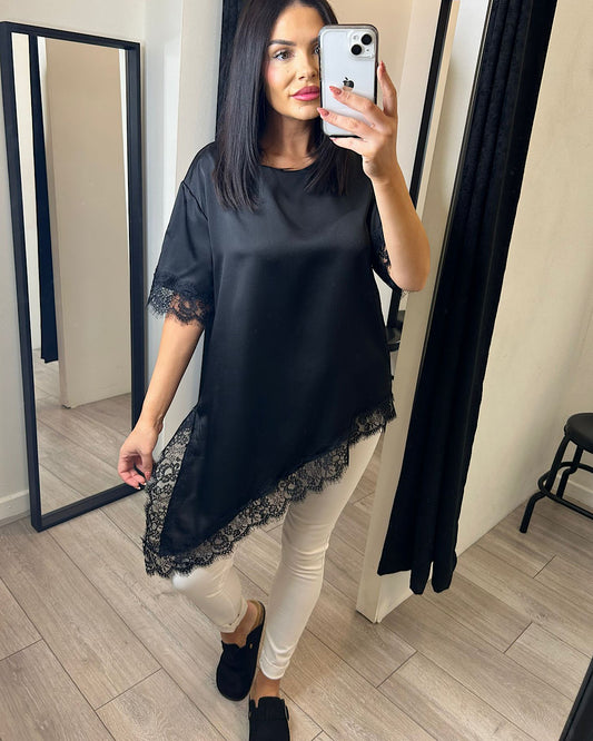 Black Satin Top with Lace Hem