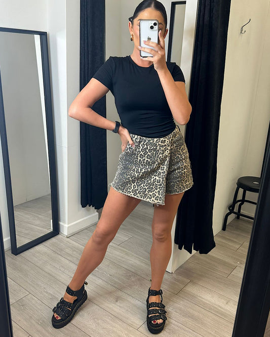 Leopard Denim Wrap Over Skort