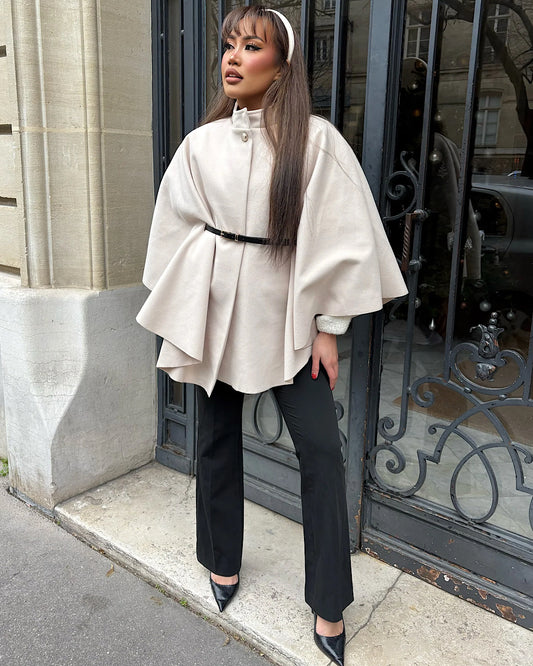 Beige Belted Cape Poncho