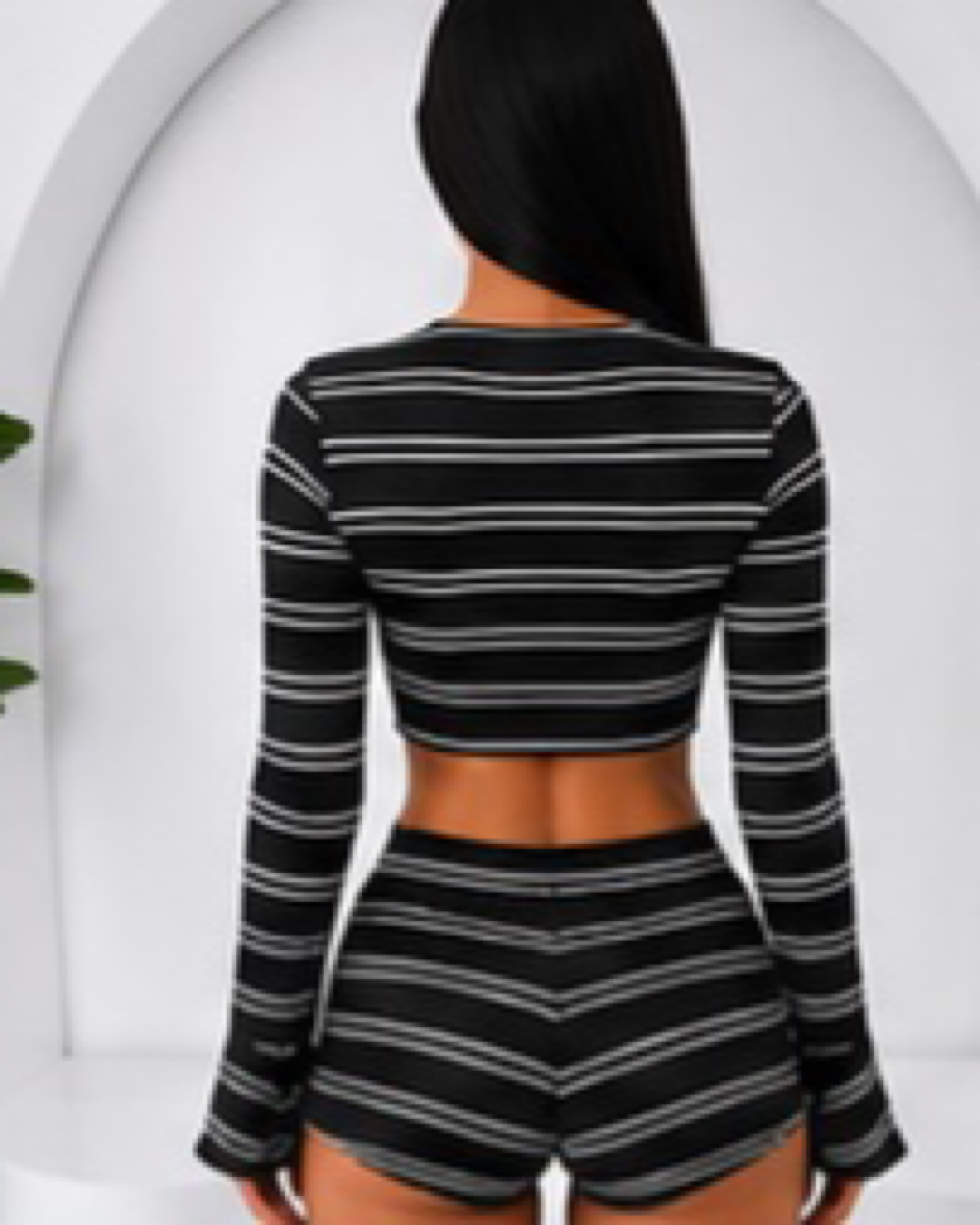 Black White Stripe Top & Shorts Suit