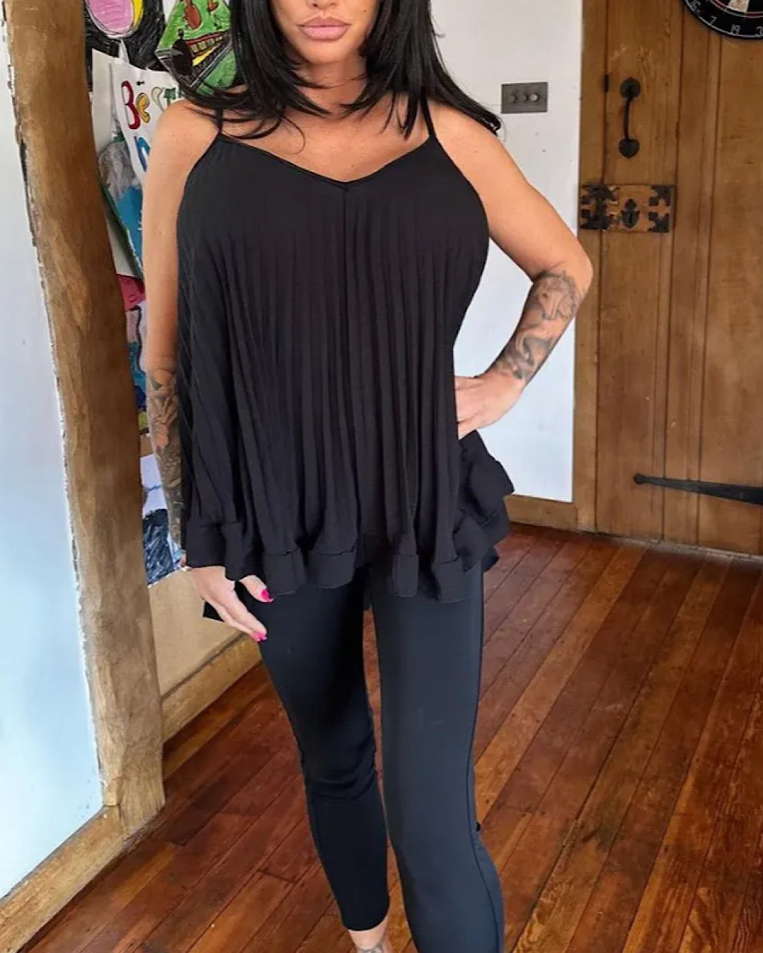 Black Cami Pleated Frill Hem Top