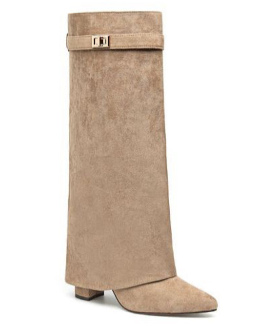 Beige Faux Suede Buckle Knee Boots
