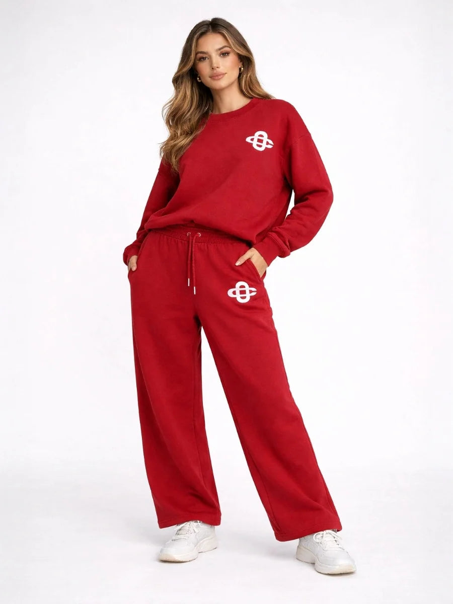 Red Contrast Motif Sweat and Joggers Set