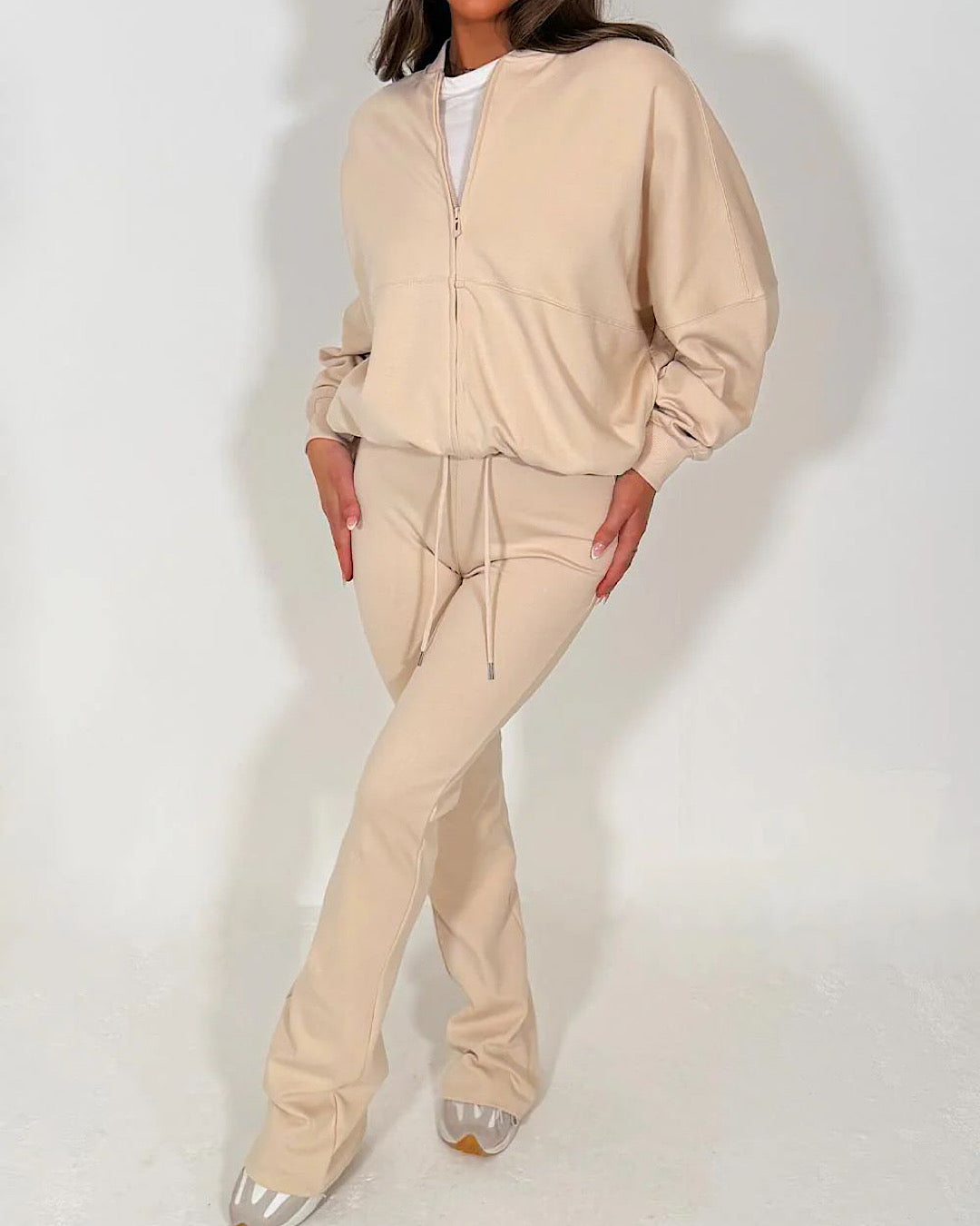 Beige Bomber Jacket and Joggers Suit