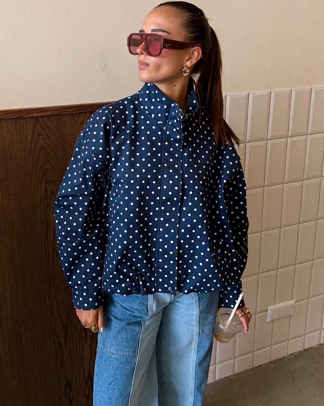 Navy High Neck Polka Jacket