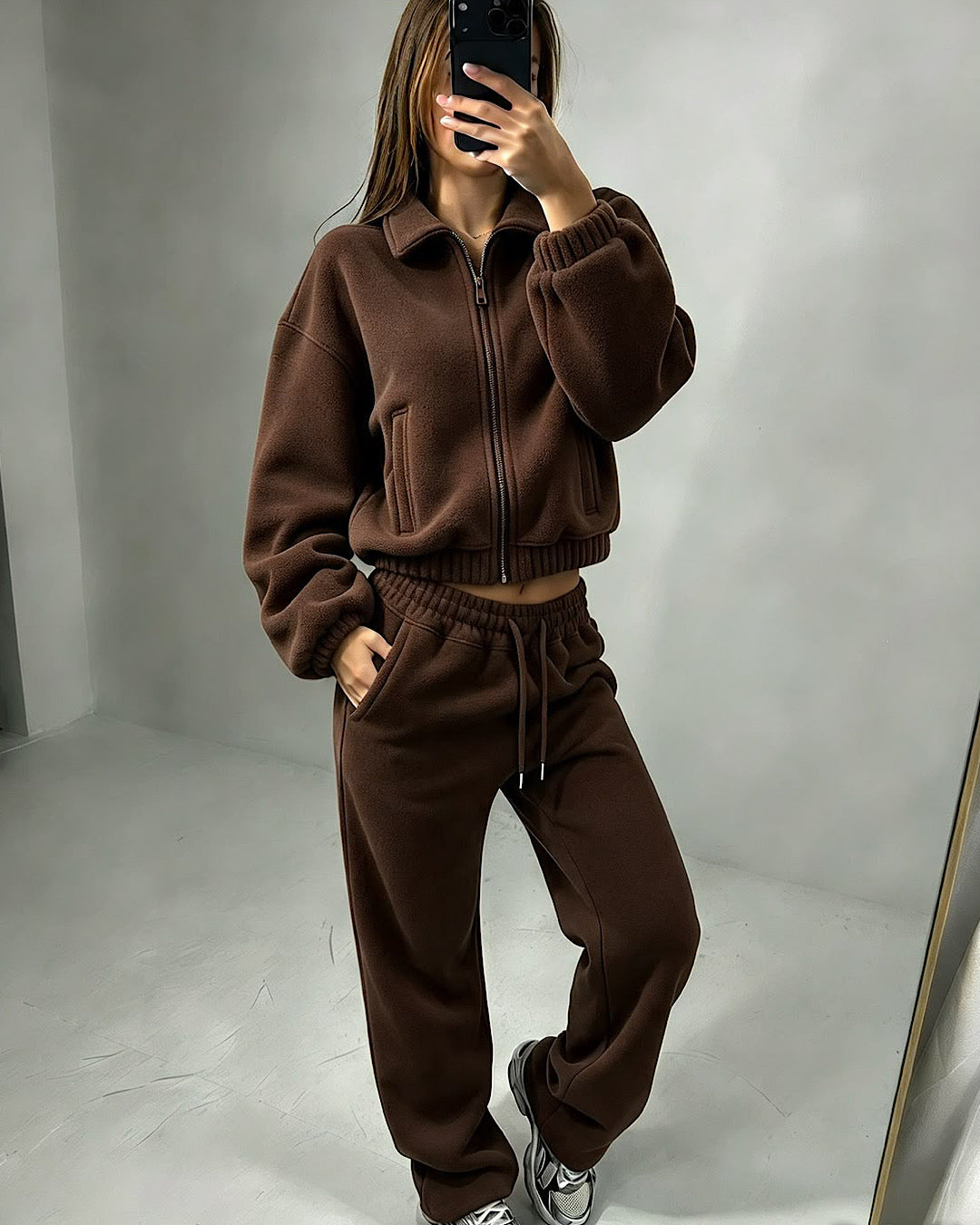 Brown Collared Zip Top & Joggers Suit