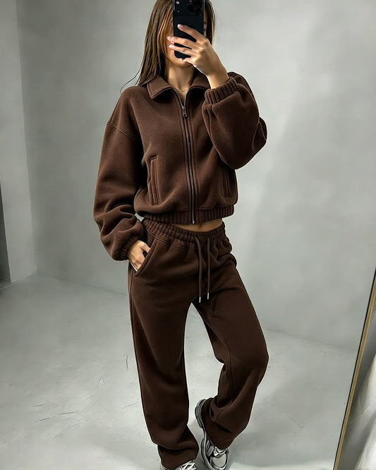 Brown Collared Zip Top & Joggers Suit