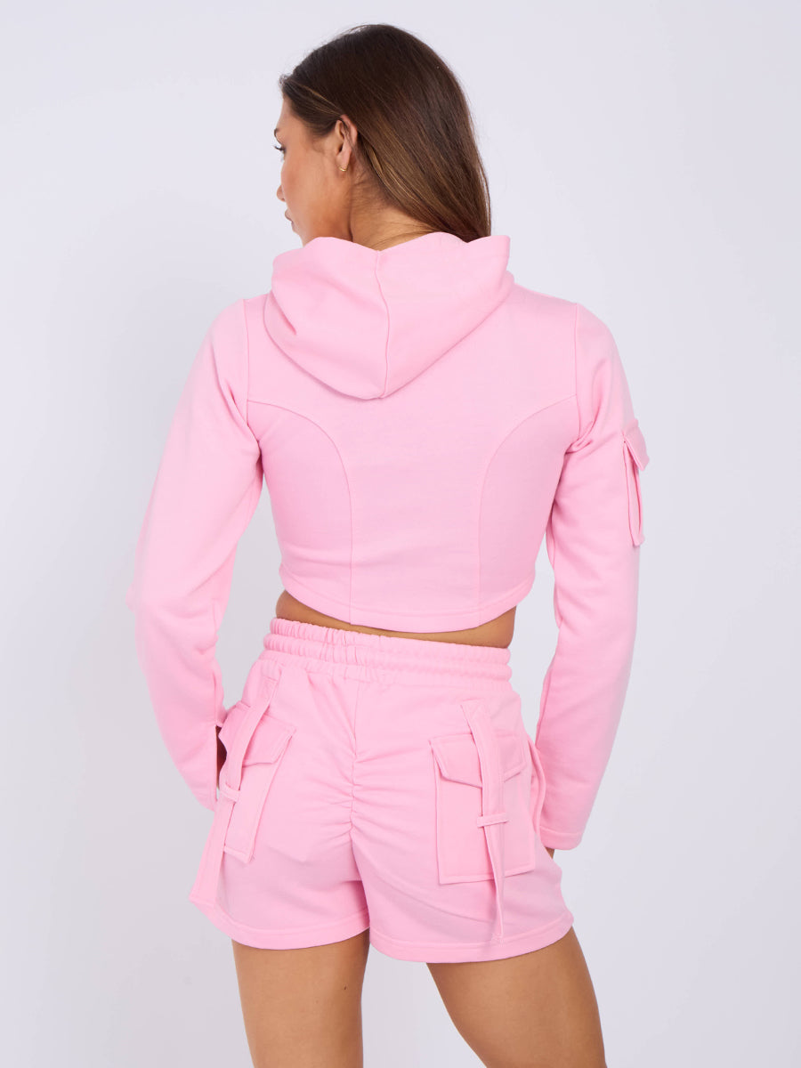 Pink Cropped Hooded Jacket & Shorts Set