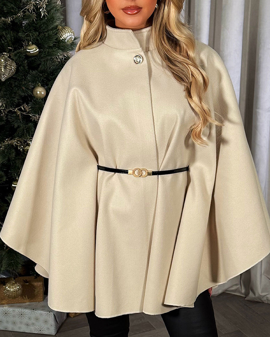 Beige Belted Cape Poncho