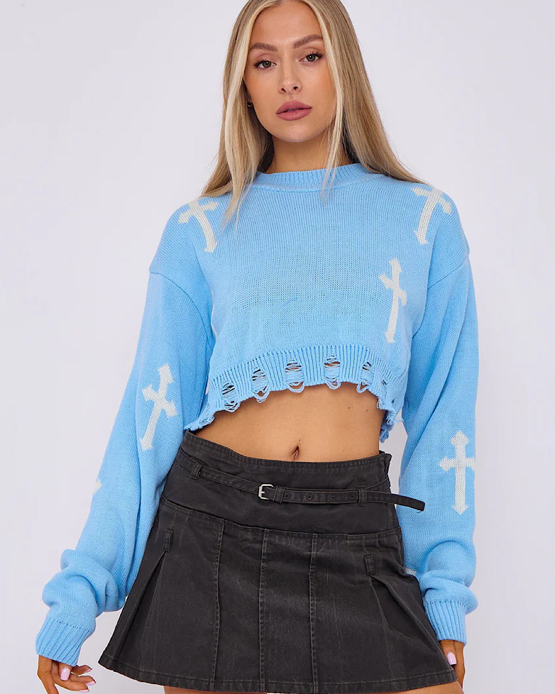 Blue White Cropped Cross Knit